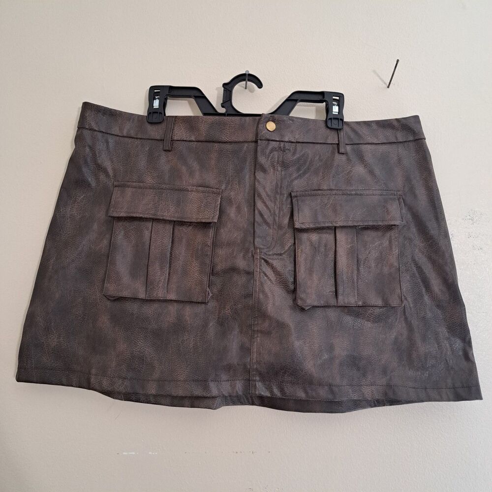 Shein Curve Brown Faux Leather Ruched Mini Skirt Plus Size 3XL